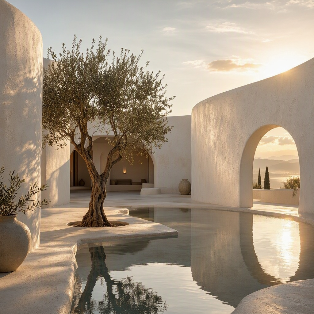 MAI Image 2.6 Flash generated an olive tree beside a reflecting pool in a curved ivory plaster courtyard at sunrise