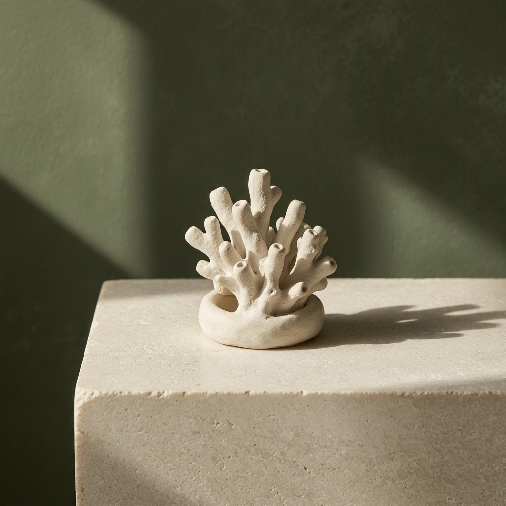 MAI Image 2.6 generated an ivory coral-like ceramic sculpture on a stone plinth against an olive backdrop